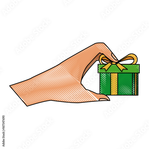 hand holding gift box wrapped ribbon vector illustration