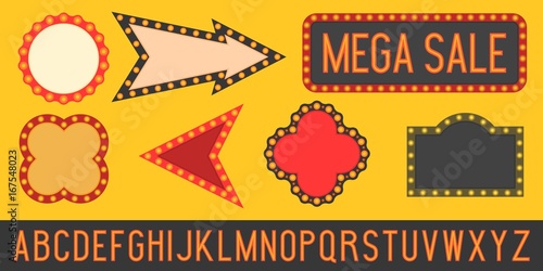 font alphabet, set of frame and board in retro style with light bulb, disco and night club theme, flat design vector, no mesh or gradient