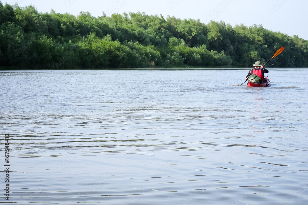 Man in red kayak in red life jacket kayaking in wild Danube river on biosphere reserve in spring
