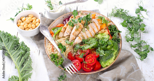 Healthy bowl with grilled chicken