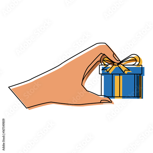 hand holding gift box wrapped ribbon vector illustration