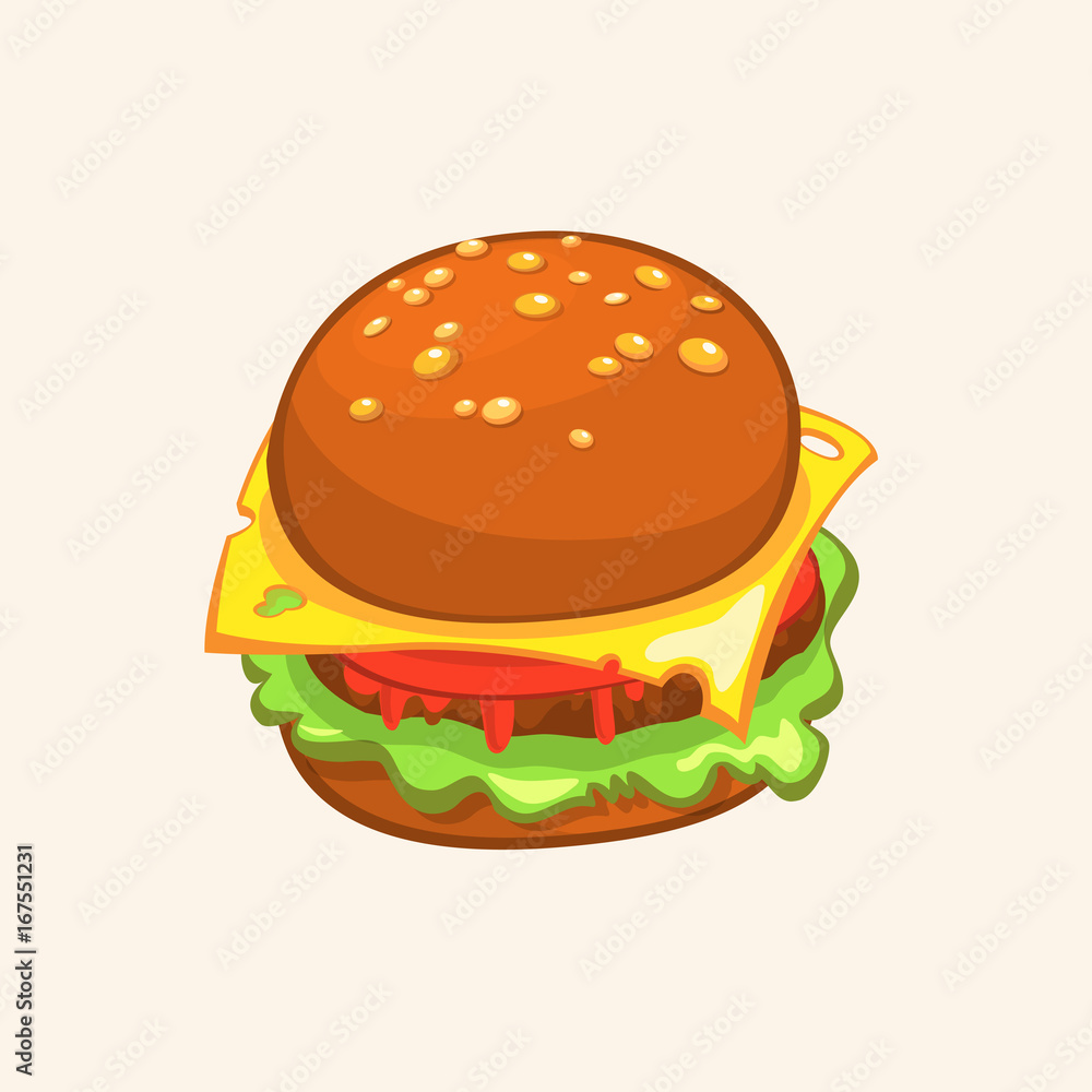 Cartoon Cheeseburger. Vector drawing of hamburger. Hamburger illustration. Cartoon Cheeseburger. Vector drawing of hamburger. Hamburger illustration.