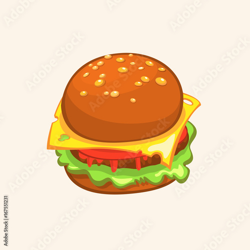 Cartoon Cheeseburger. Vector drawing of hamburger. Hamburger illustration. 