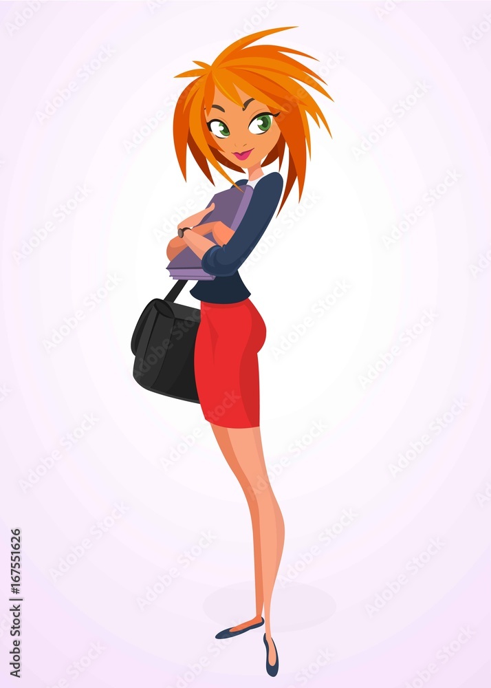 Business woman with a folder for papers vector illustration. Red hair lovely girl cartoon in red dress and blue shitr holding bag. Lady boss cartoon Business woman with a folder for papers vector illustration. Red hair lovely girl cartoon in red dress and blue shitr holding bag. Lady boss cartoon