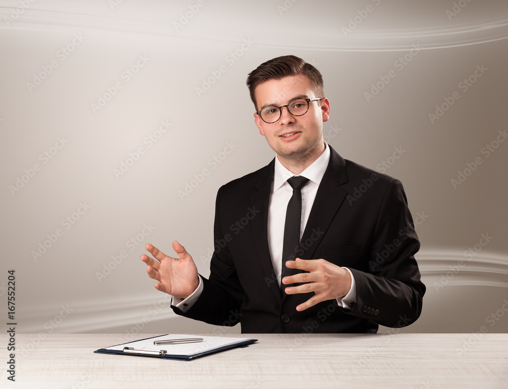 Televison host in live show with blank background Televison host in live show with blank background