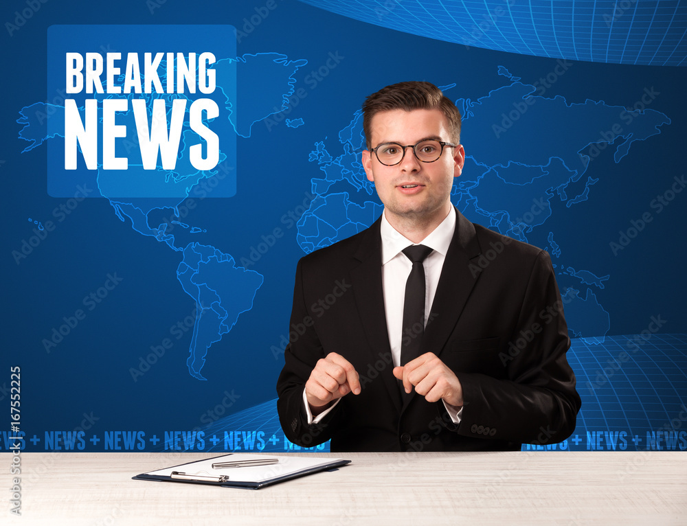 Television presenter in front telling breaking news with blue modern background Television presenter in front telling breaking news with blue modern background