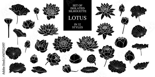 Set of isolated silhouette lotus in 32 styles. Vector illustration.