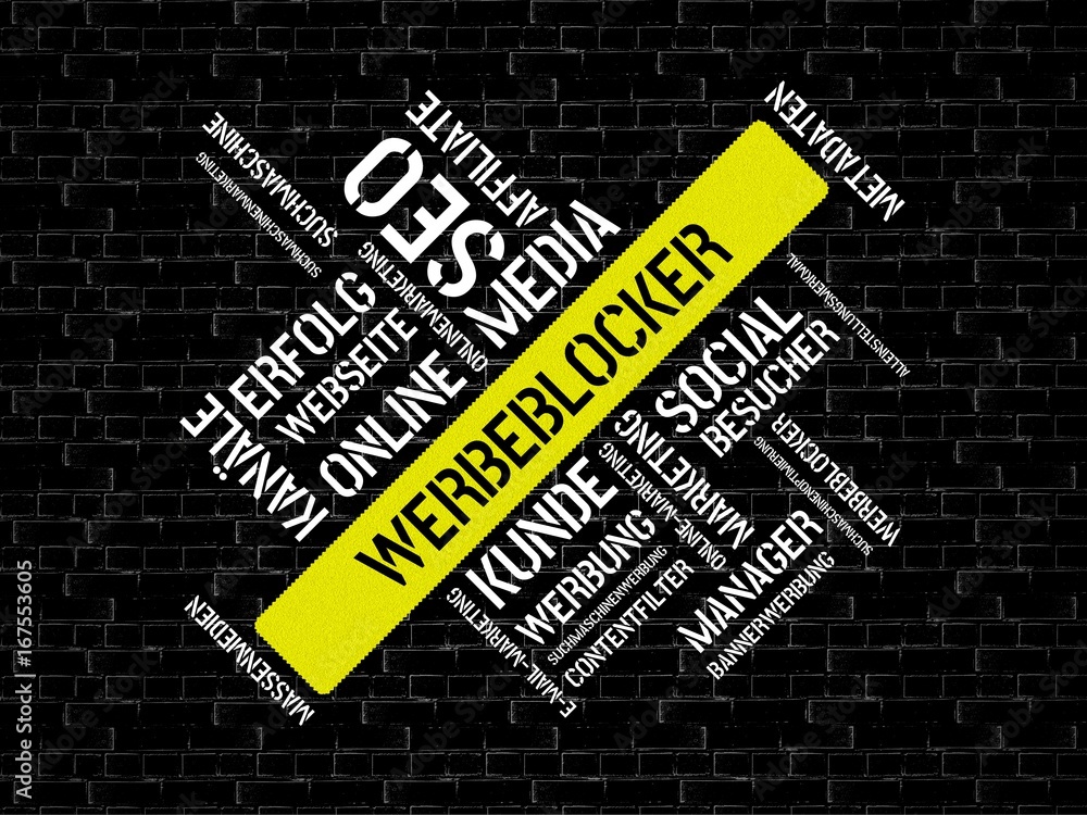 Fototapeta premium WERBEBLOCKER - Bilder mit Wörtern aus dem Bereich Onlinemarketing, Wort, Bild, Illustration