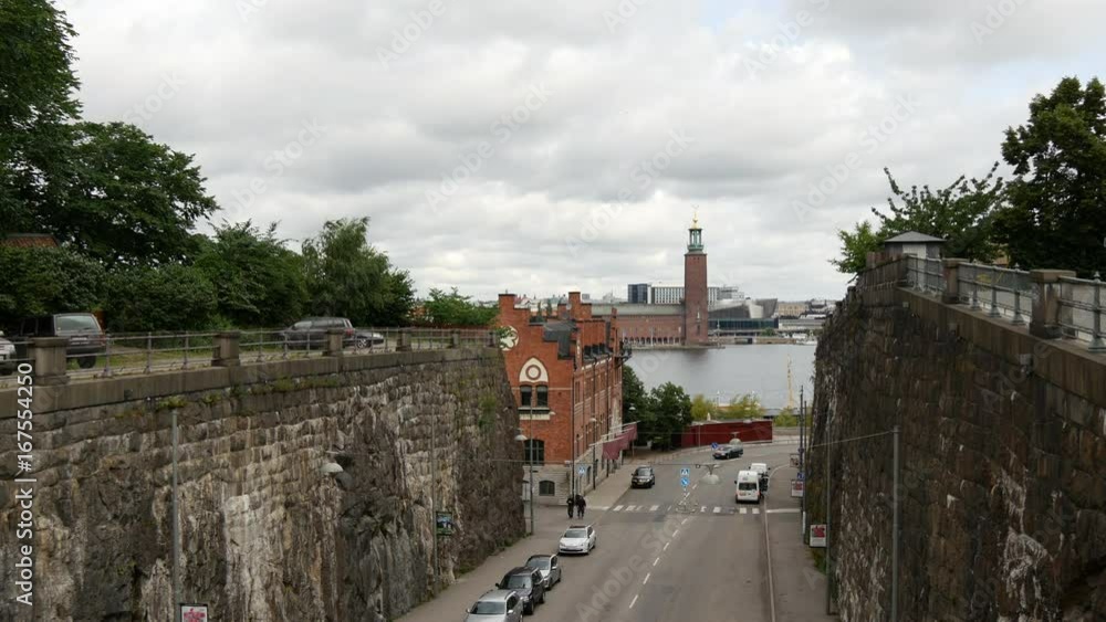 View from Sodermalm island wall to the city hall Stockholm Sweden View from Sodermalm island wall to the city hall Stockholm Sweden