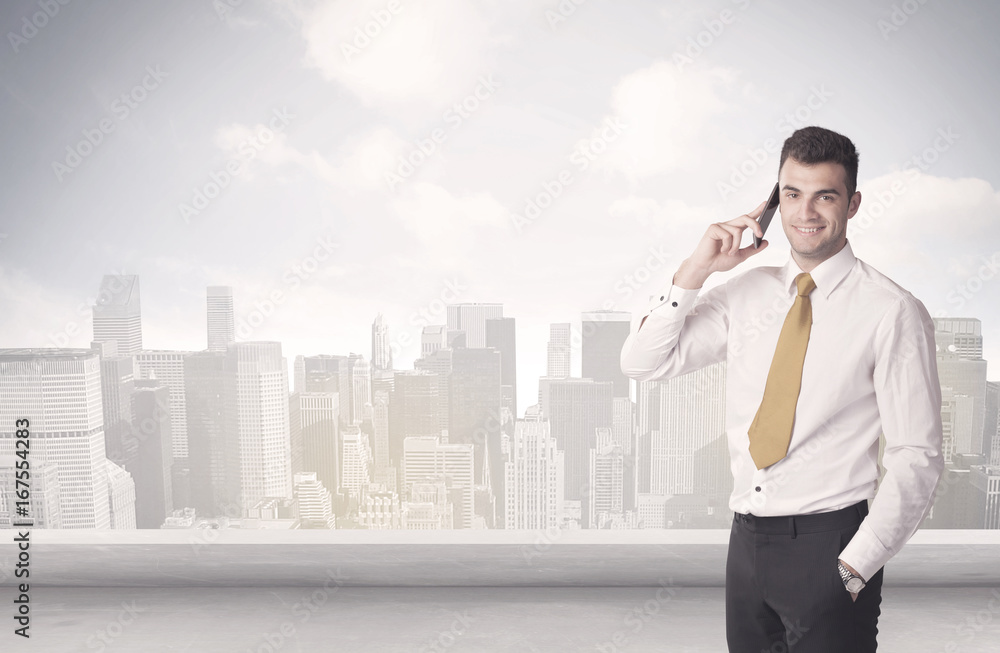 Sales person talking in front of city scape Sales person talking in front of city scape