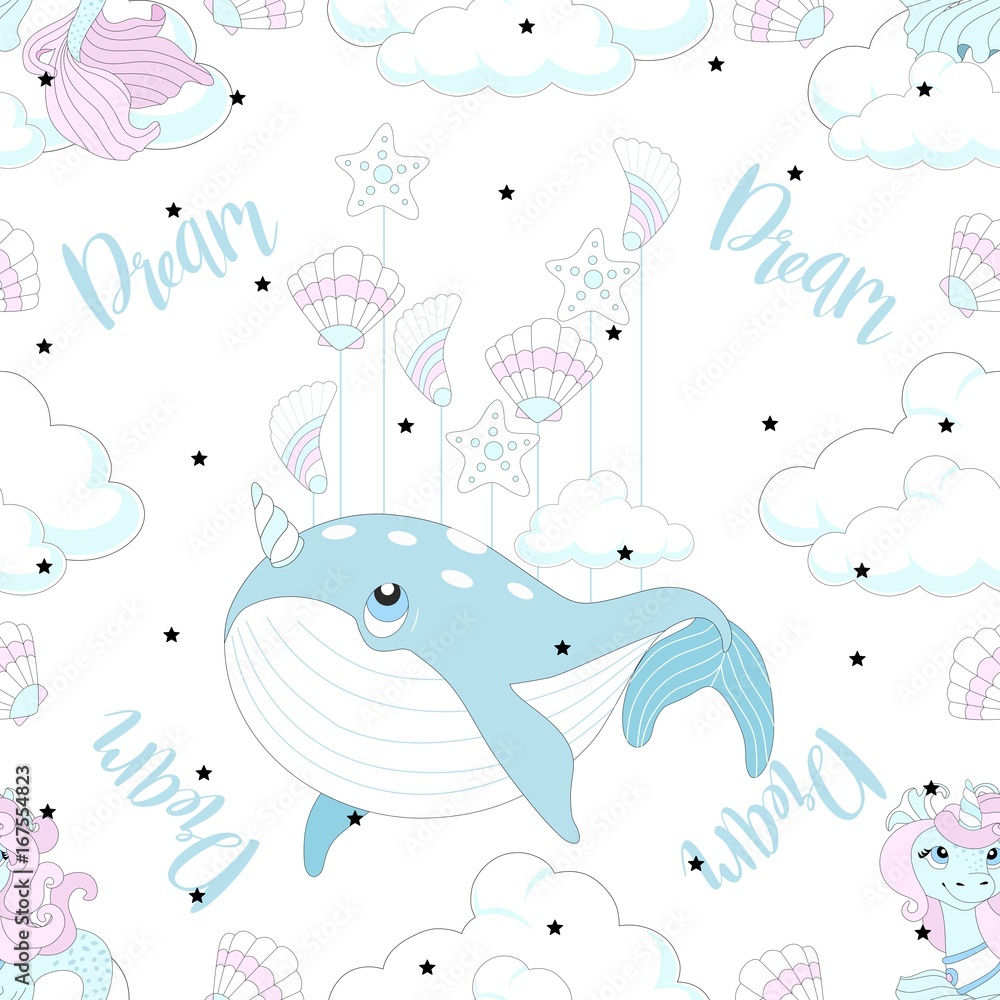 Seamless pattern with cute unicorn. Beautiful background with clouds. Vector illustration. Seamless pattern with cute unicorn. Beautiful background with clouds. Vector illustration.