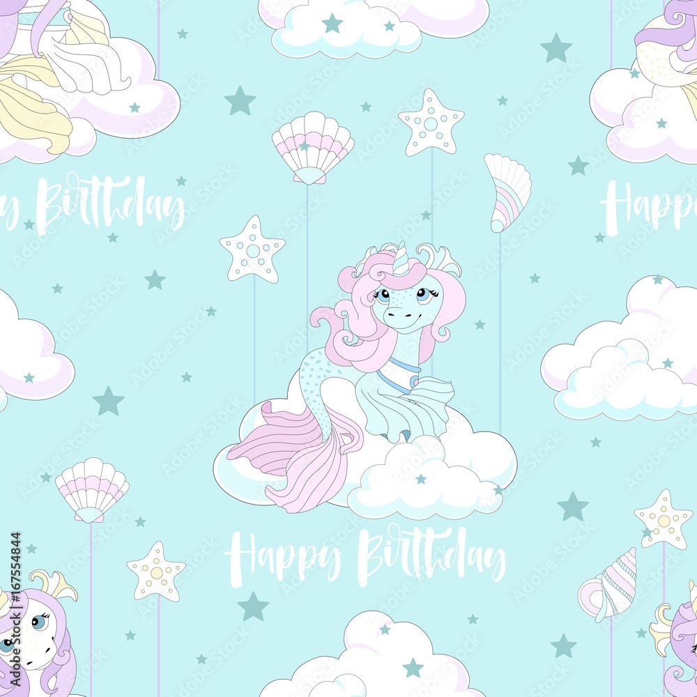 Seamless pattern with cute unicorn. Beautiful background with clouds. Vector illustration. Seamless pattern with cute unicorn. Beautiful background with clouds. Vector illustration.