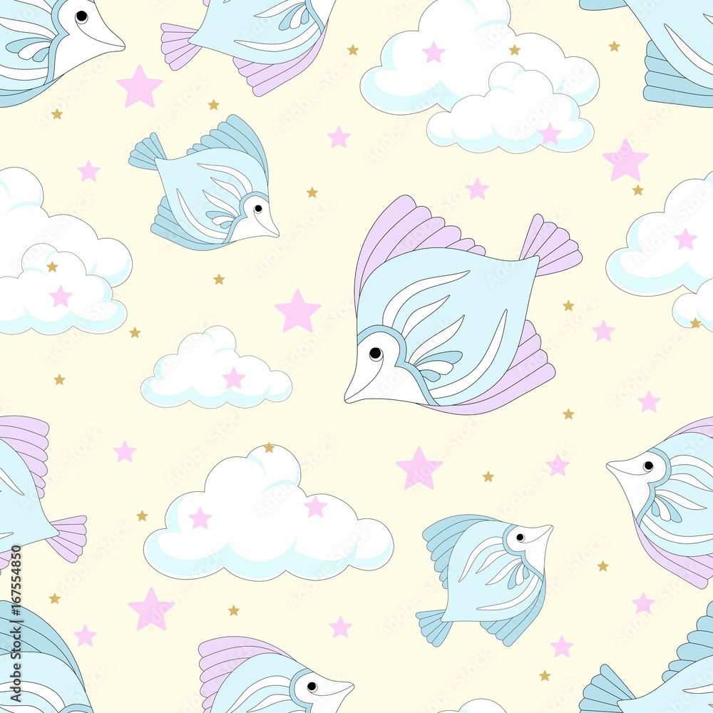 Seamless pattern with cute unicorn. Beautiful background with clouds. Vector illustration.