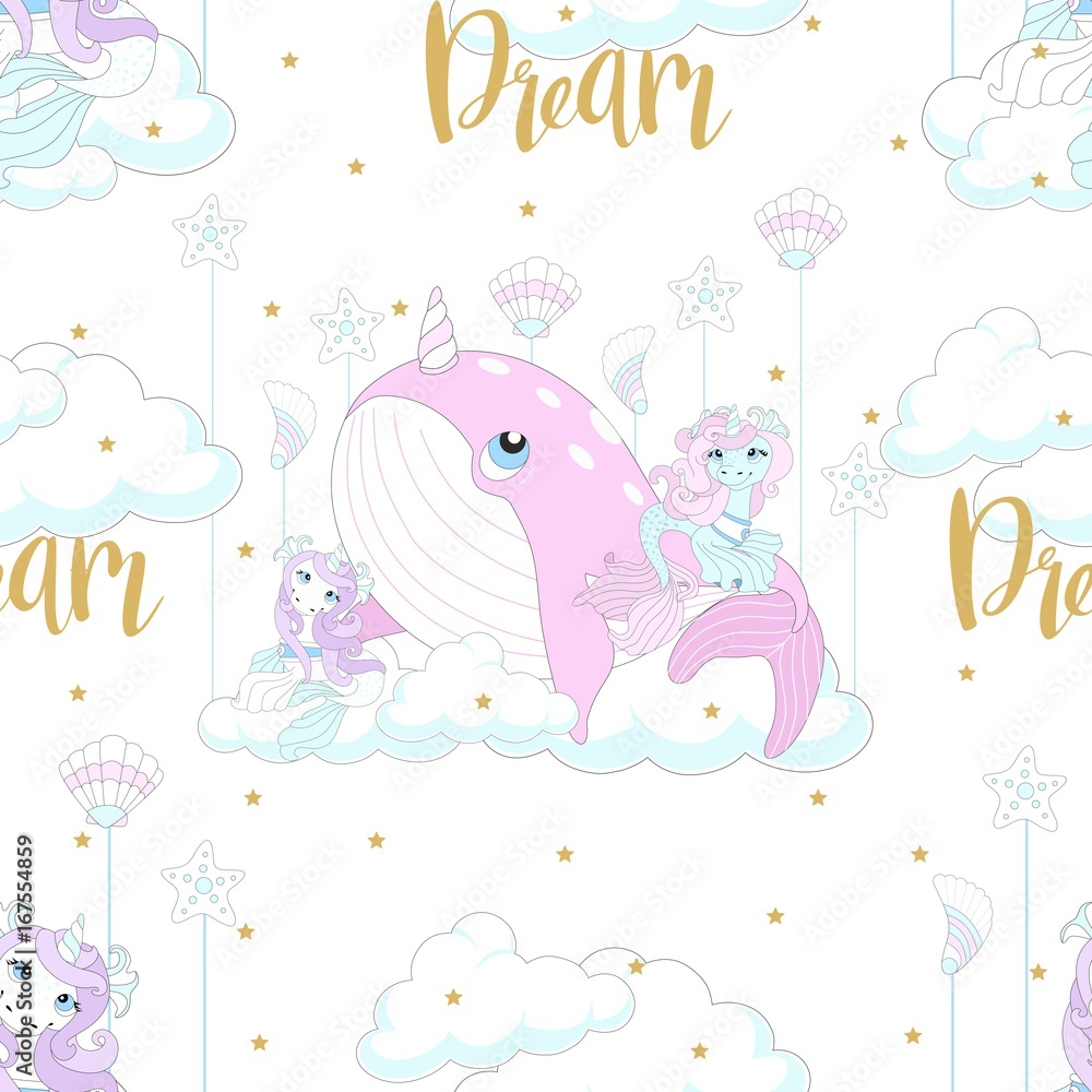 Seamless pattern with cute unicorn. Beautiful background with clouds. Vector illustration. Seamless pattern with cute unicorn. Beautiful background with clouds. Vector illustration.