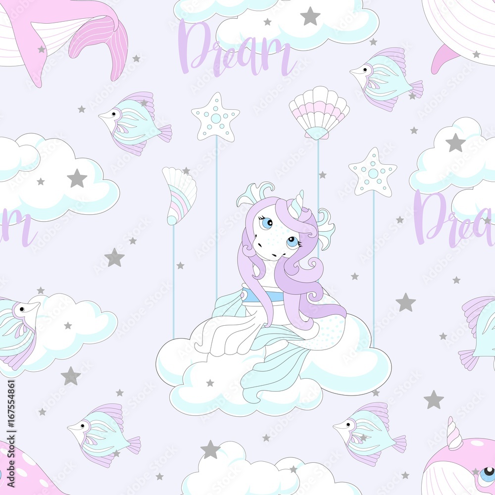 Fototapeta premium Seamless pattern with cute unicorn. Beautiful background with clouds. Vector illustration.