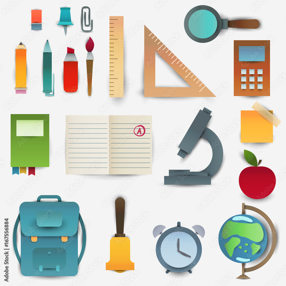 Paper cut cartoon school supplies set in polygonal trendy craft style. Modern origami teaching