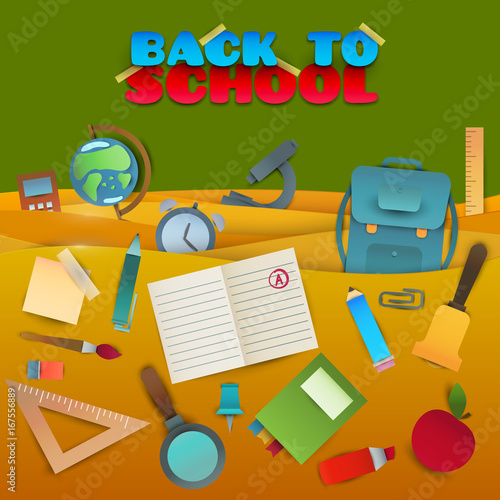 Back to school background. Paper cut cartoon polygonal trendy craft style. Modern origami teaching, education and learning symbol design. Concept for poster, banner. Vector illustration.