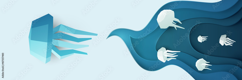 Paper cut cartoon jellyfish on water in polygonal trendy craft style ...