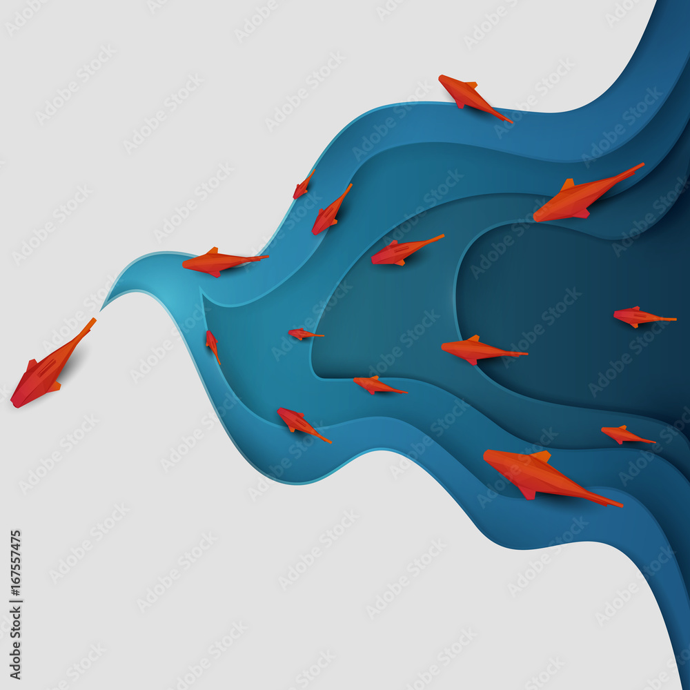 Fototapeta Papercut cartoon czerwona ryba na wodzie w stylu wielokąta modnych rzemiosła. Nowoczesny design origami. Koncepcja tło dla plakatu, karty z pozdrowieniami, baner. Ilustracji wektorowych.
