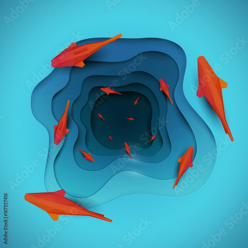 Paper cut cartoon red fish on water in polygonal trendy craft style. Modern origami design. Concept background for poster, greeting card, banner. Vector illustration.