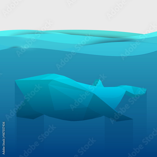 Paper cut cartoon whale on water in polygonal trendy craft style. Modern origami design. Concept nature background for poster, greeting card, banner or other branding. Vector illustration.