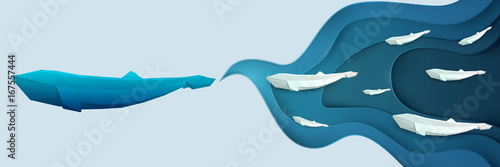 Paper cut cartoon whale on water in polygonal trendy craft style. Modern origami design. Concept nature background for poster, greeting card, banner or other branding. Vector illustration.
