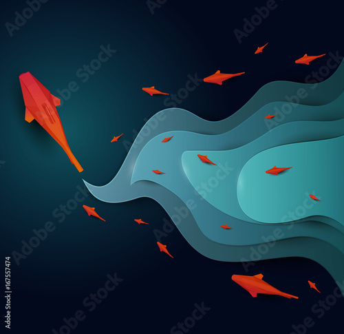 Paper cut cartoon red fish on water in polygonal trendy craft style. Modern origami design. Concept background for poster, greeting card, banner. Vector illustration.
