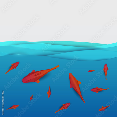 Paper cut cartoon red fish on water in polygonal trendy craft style. Modern origami design. Concept background for poster, greeting card, banner. Vector illustration.