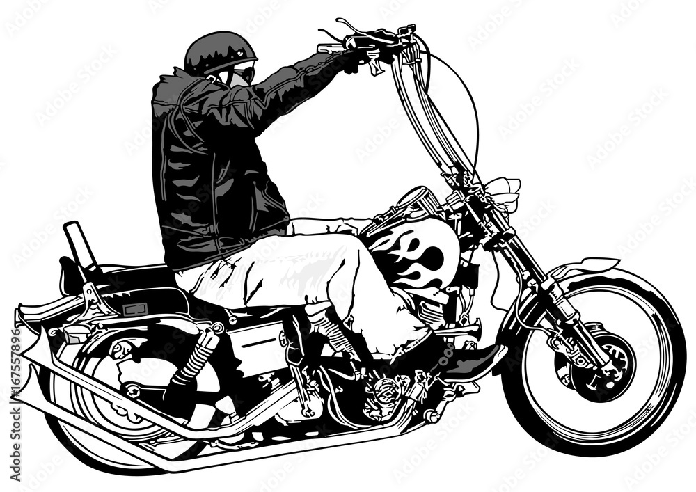 Fototapeta premium Rider On Chopper - czarno-biały ręcznie rysowane ilustracji, wektor
