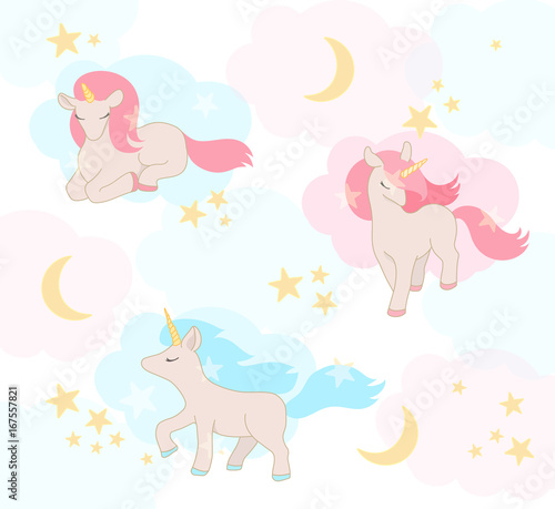 Cute little Unicorns with pink and blue hair.