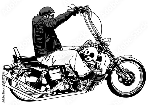 Rider On Chopper - Black and White Hand Drawn Illustration, Vector