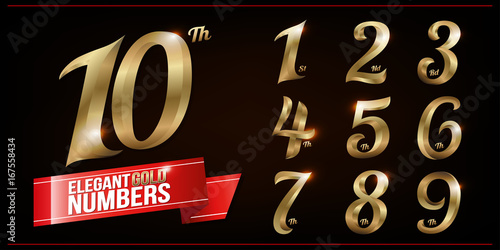 Set of Elegant Gold Colored Metal Chrome numbers. 1, 2, 3, 4, 5, 6, 7, 8, 9, 10, logo design