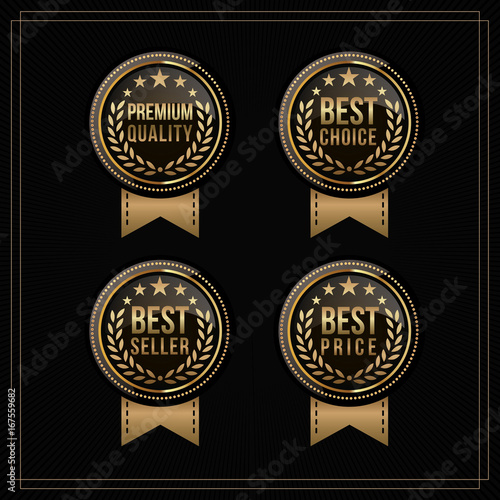 Vector vintage badges collection "Premium quality", "Best seller", "Best price" and "Best choice". gold and black colour