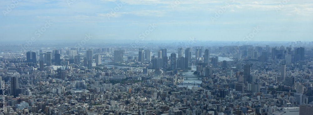 日本の東京都市景観「豊洲や有明、台場、晴海方面などを望む」（画面中央の少し右奥には横浜の横浜みなとみらい２１などが見える）