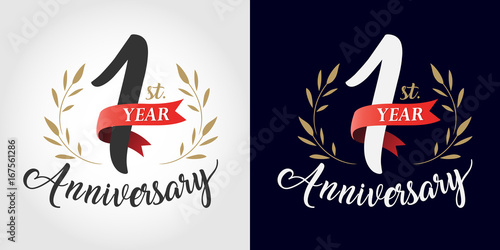 1 year anniversary number hand lettering and golden laurel wreath. Handmade calligraphy, Vintage style