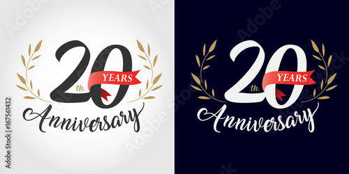 20 years anniversary number hand lettering and golden laurel wreath. Handmade calligraphy, Vintage style