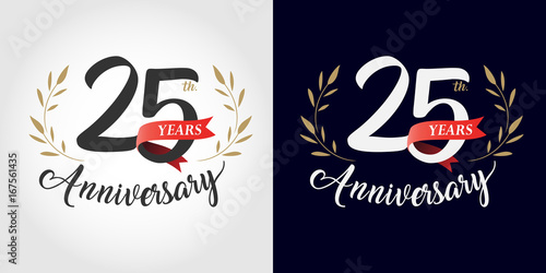 25 years anniversary number hand lettering and golden laurel wreath. Handmade calligraphy, Vintage style