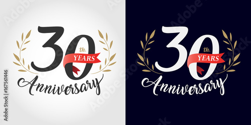30 years anniversary number hand lettering and golden laurel wreath. Handmade calligraphy, Vintage style