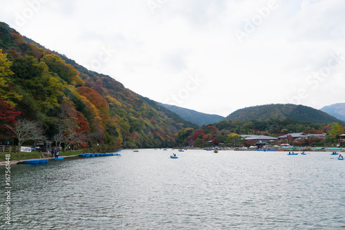 Mountain forest in autumn,Katsura River in the Arashiyama area of Kyoto, Twilight scene, Japan in autumn © Sky Stock