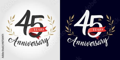 45 years anniversary number hand lettering and golden laurel wreath. Handmade calligraphy, Vintage style