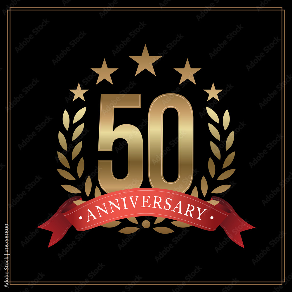 50 years golden anniversary logo, with star, red ribbon, and laurel ...