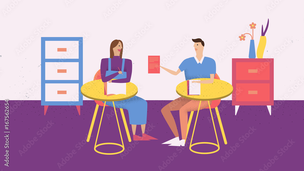 Two people have a meeting in the room Two people have a meeting in the room