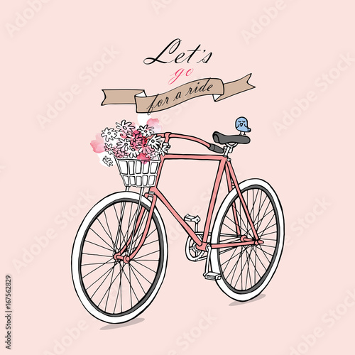 Card with image of a Retro bicycle with a flowers. Vector illustration.