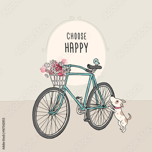 Retro bicycle with a flowers and a dog. Vector illustration.