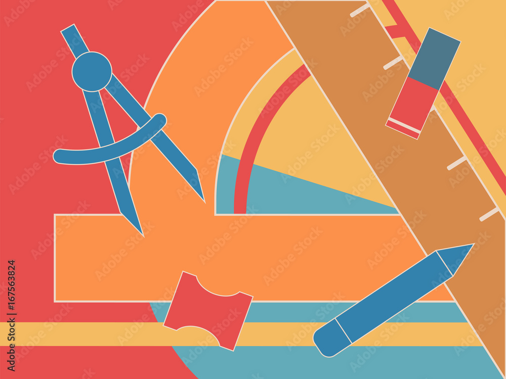 School geometric pattern. Drawing background with measuring tools for