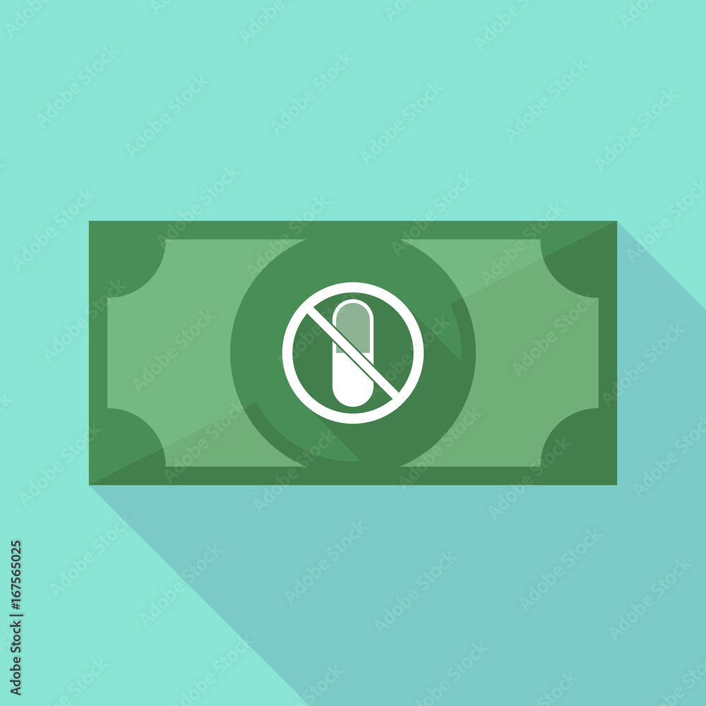 Long shadow bank note with a pill in a not allowed signal Long shadow bank note with a pill in a not allowed signal