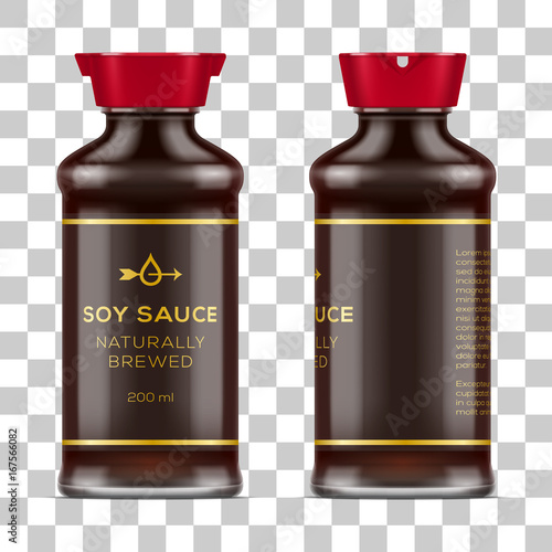 Vector labeled full glass soy sauce bottle isolated on transparent background.