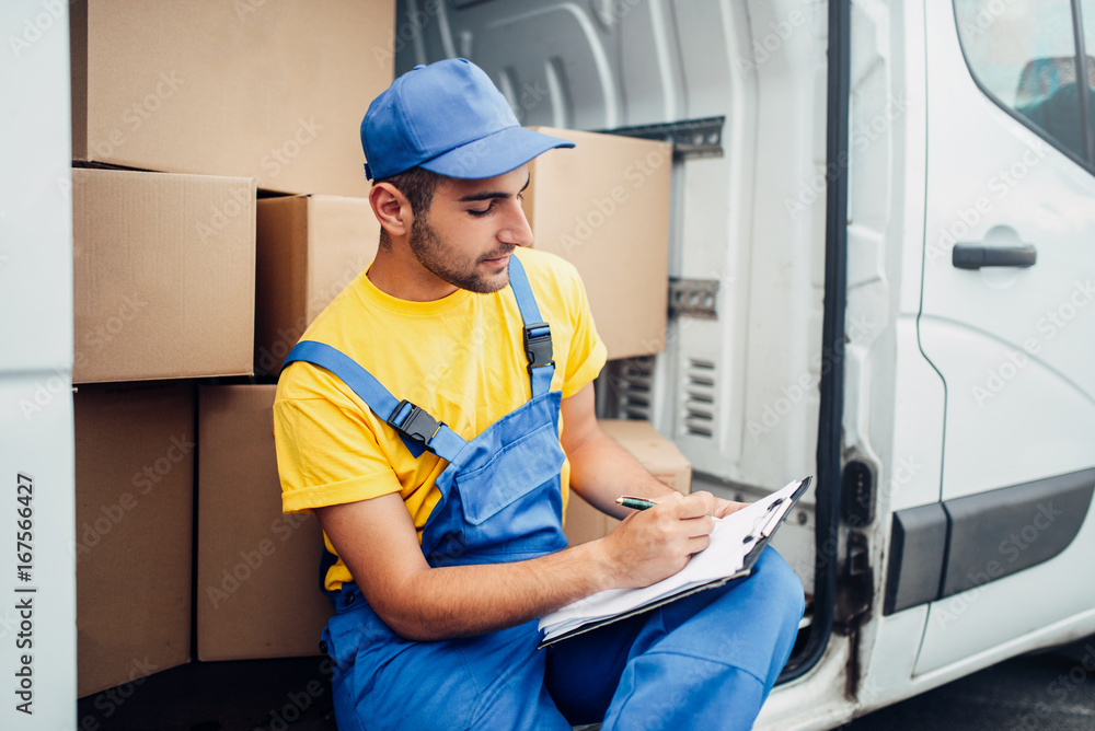 Cargo delivery, courier and truck with boxes Cargo delivery, courier and truck with boxes