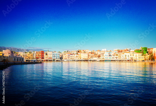 waterfront of Chania bay at sunny day, Crete island, Greece, retro toned