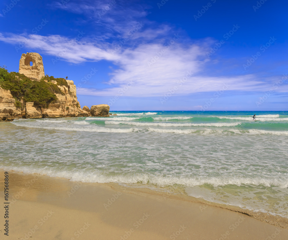 The most beautiful coast of Apulia: Torre Dell'Orso Bay, ITALY (Lecce).Typical seascape of Salento: view of the wide sandy beach of fine silver, the dune with pinewood, and old ruin of watchtower.